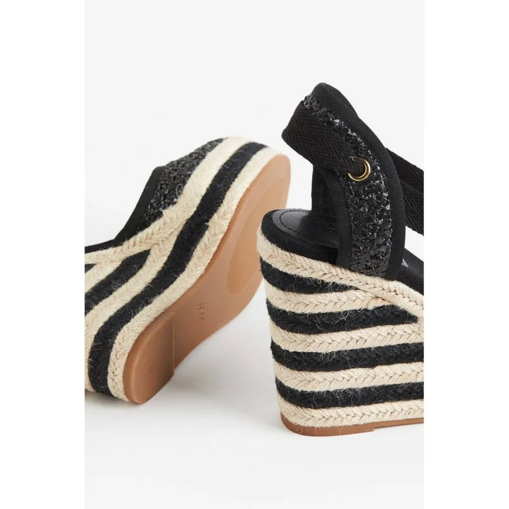H&M Sz. 6 Black/Cream Striped Wedge-Heeled Espadrilles